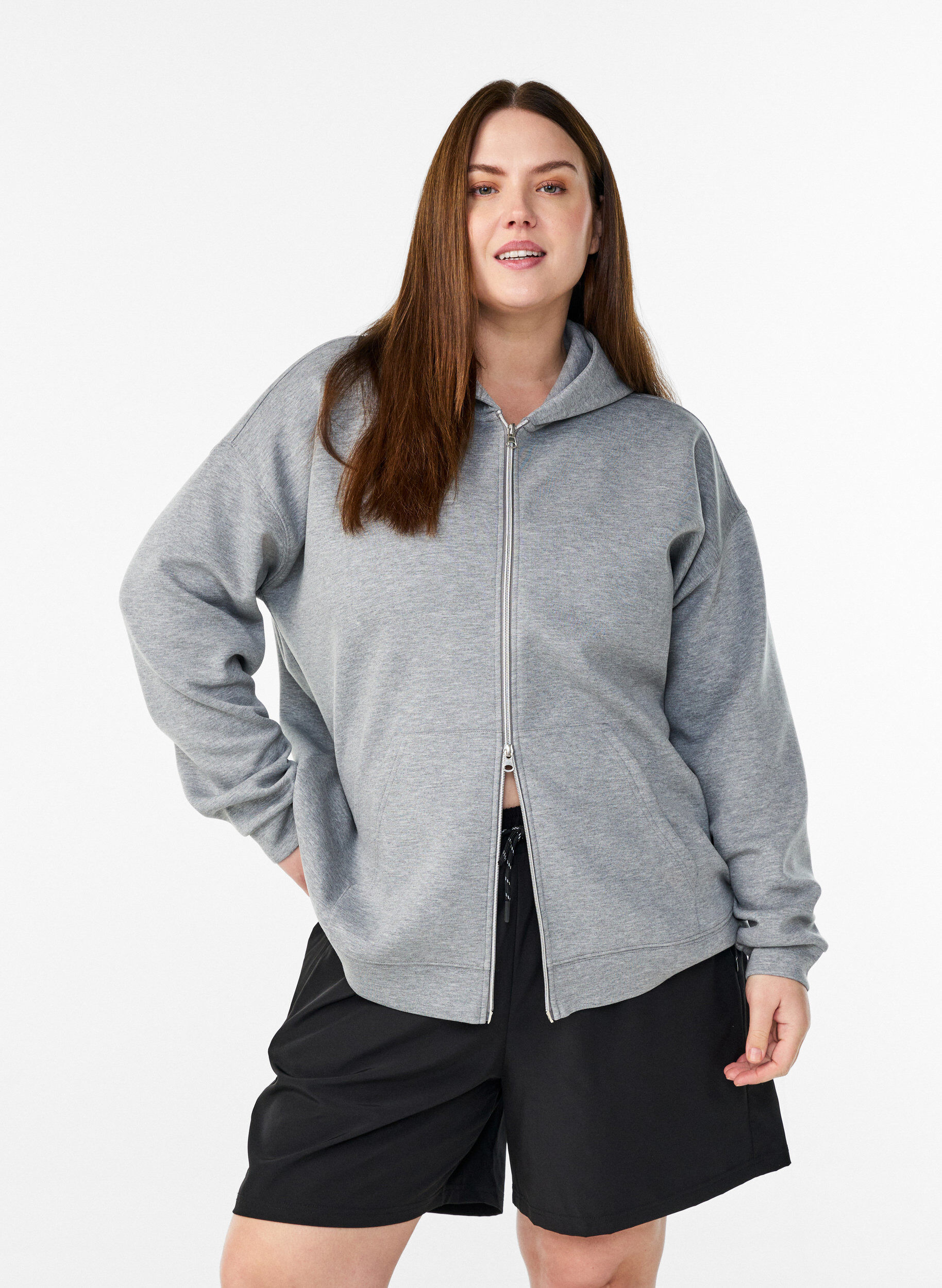 Scuba-Hoodie mit Rei&szlig;verschluss und Taschen, Grau, Model