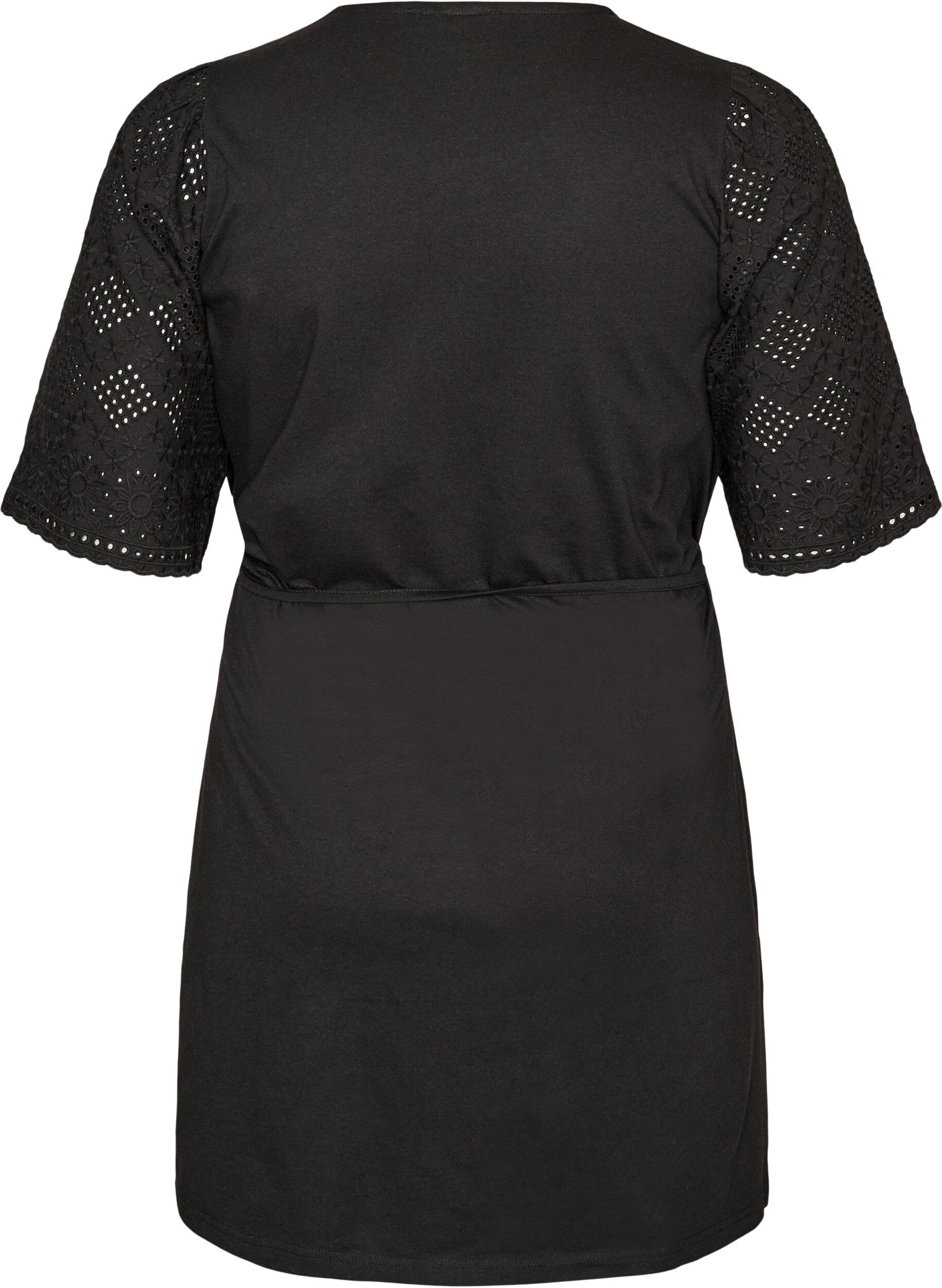 ZizziBaumwollkleid mit Broderie-Anglaise-&Auml;rmeln und Bindeg&uuml;rtel, Schwarz, Packshot image number 1