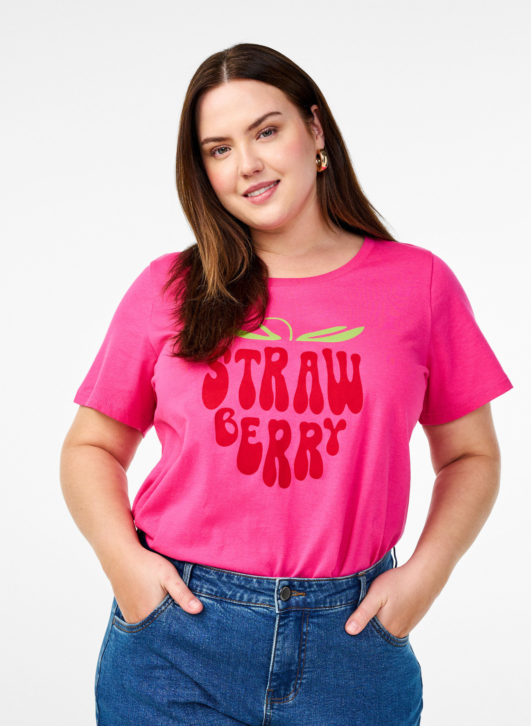 Zizzi Baumwoll-T-Shirt mit Motiv, Raspb. w. Strawberry, Model image number 0