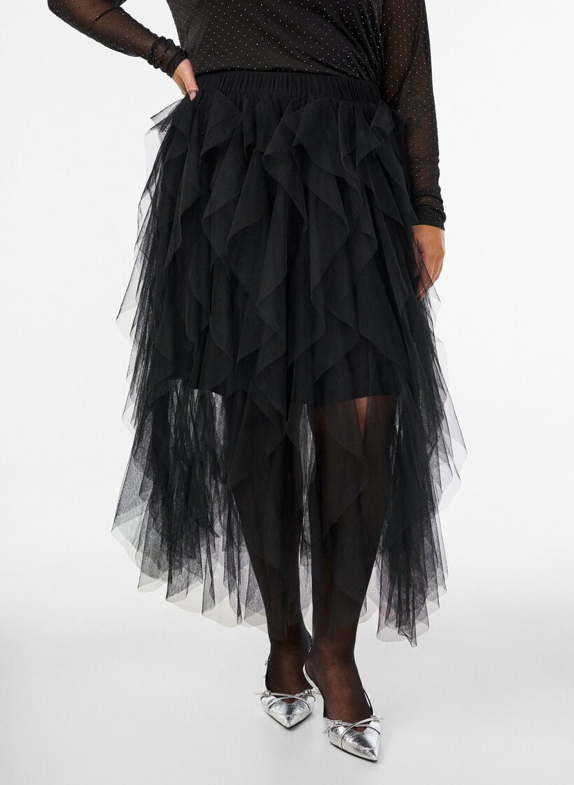 Midi-T&uuml;llrock mit elastischem Bund, Schwarz, Model image number 2