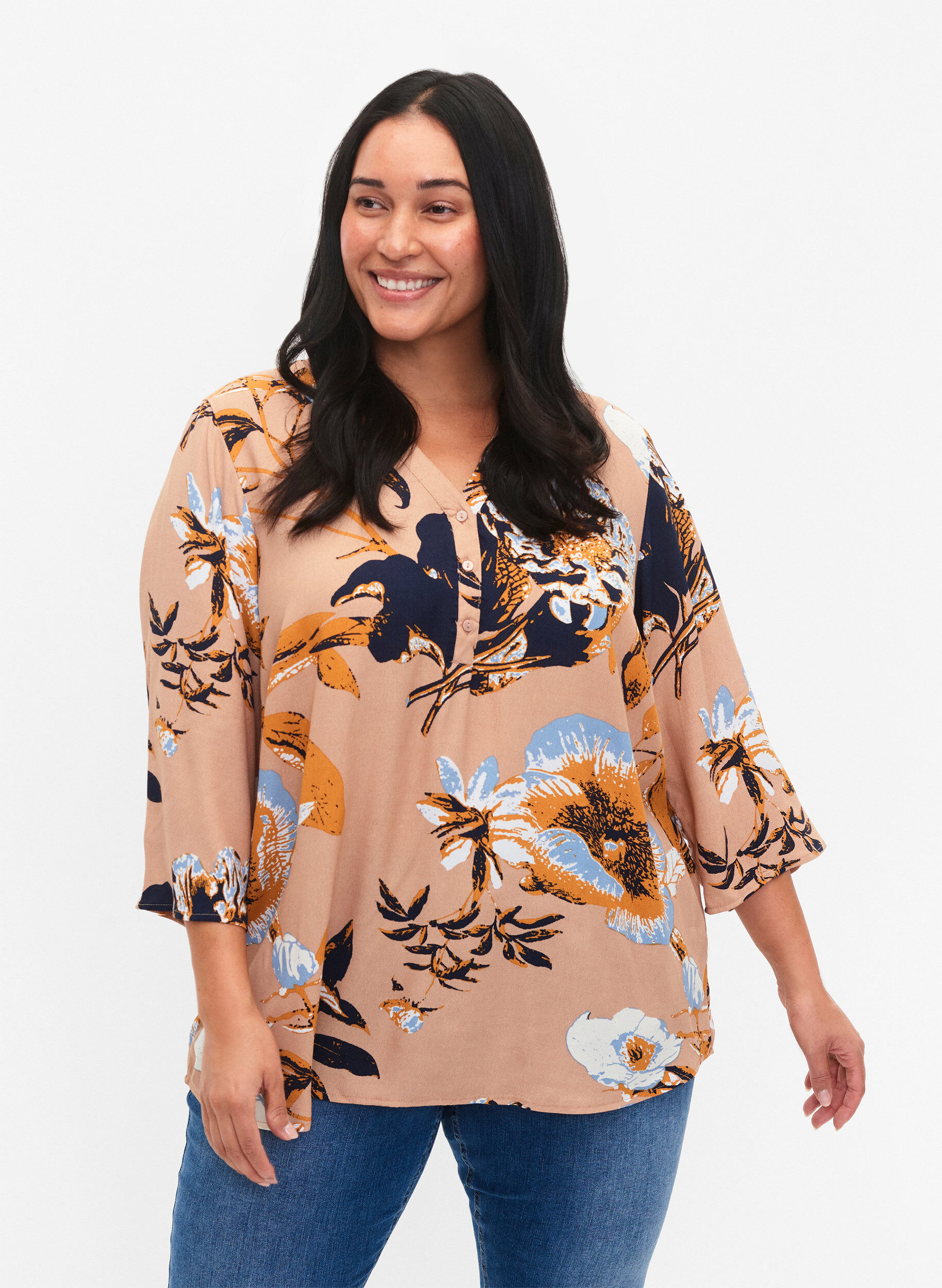 Zizzi Bluse aus Viskose mit 3/4 &Auml;rmeln, Blue Flower AOP, Model image number 0