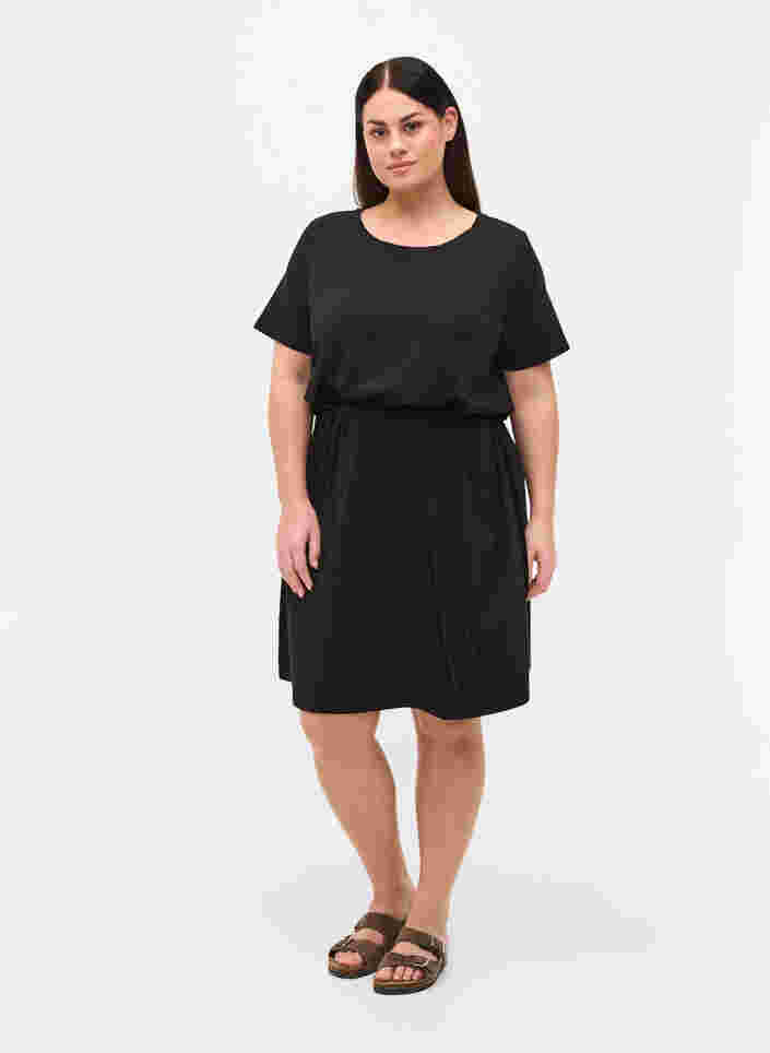 Kurzarm Kleid mit Taillengürtel, Black, Model image number 2