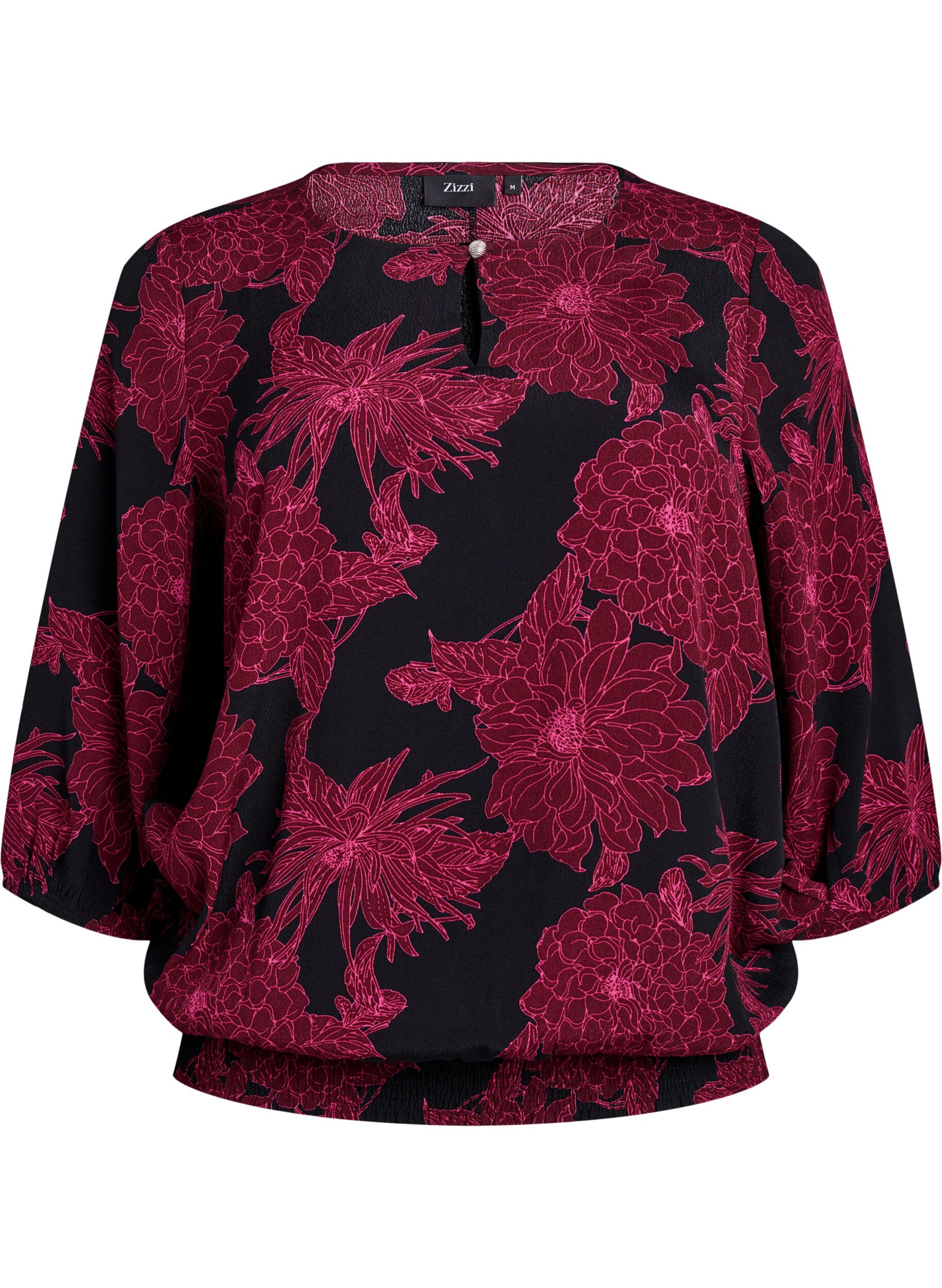 Zizzi Bluse aus Viskose mit Blumenmuster und Smok, Dunkles Bordeaux, Packshot image number 0