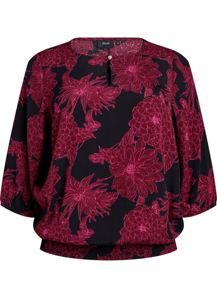 Bluse aus Viskose mit Blumenmuster und Smok, Dunkles Bordeaux, Packshot image number 0