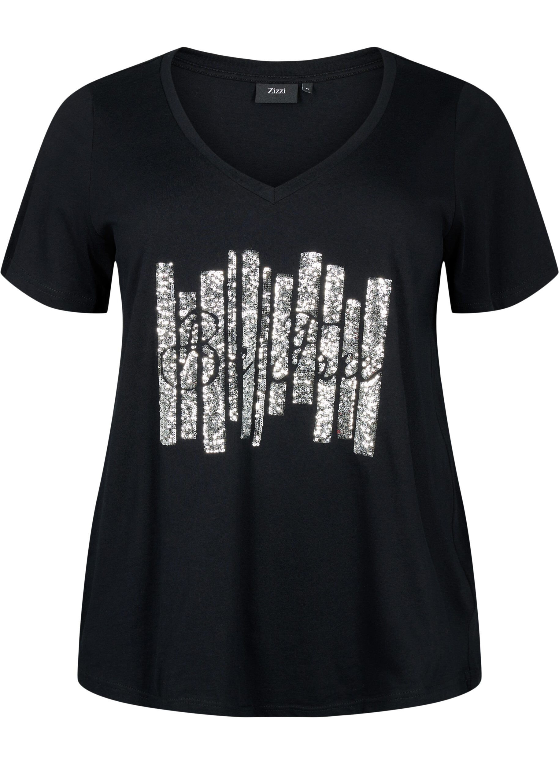 Zizzi Baumwoll-T-Shirt mit Pailletten, Black W. Be free, Packshot image number 0