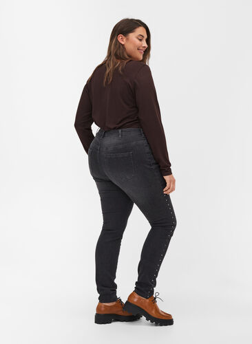 Hochtaillierte Amy Jeans mit Nieten an der Seitennaht, Dark Grey Denim, Model image number 1