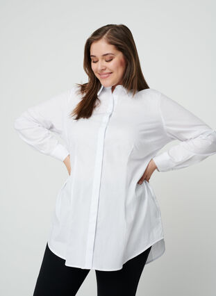 Langarm Bluse aus Baumwolle, Bright White, Model image number 0