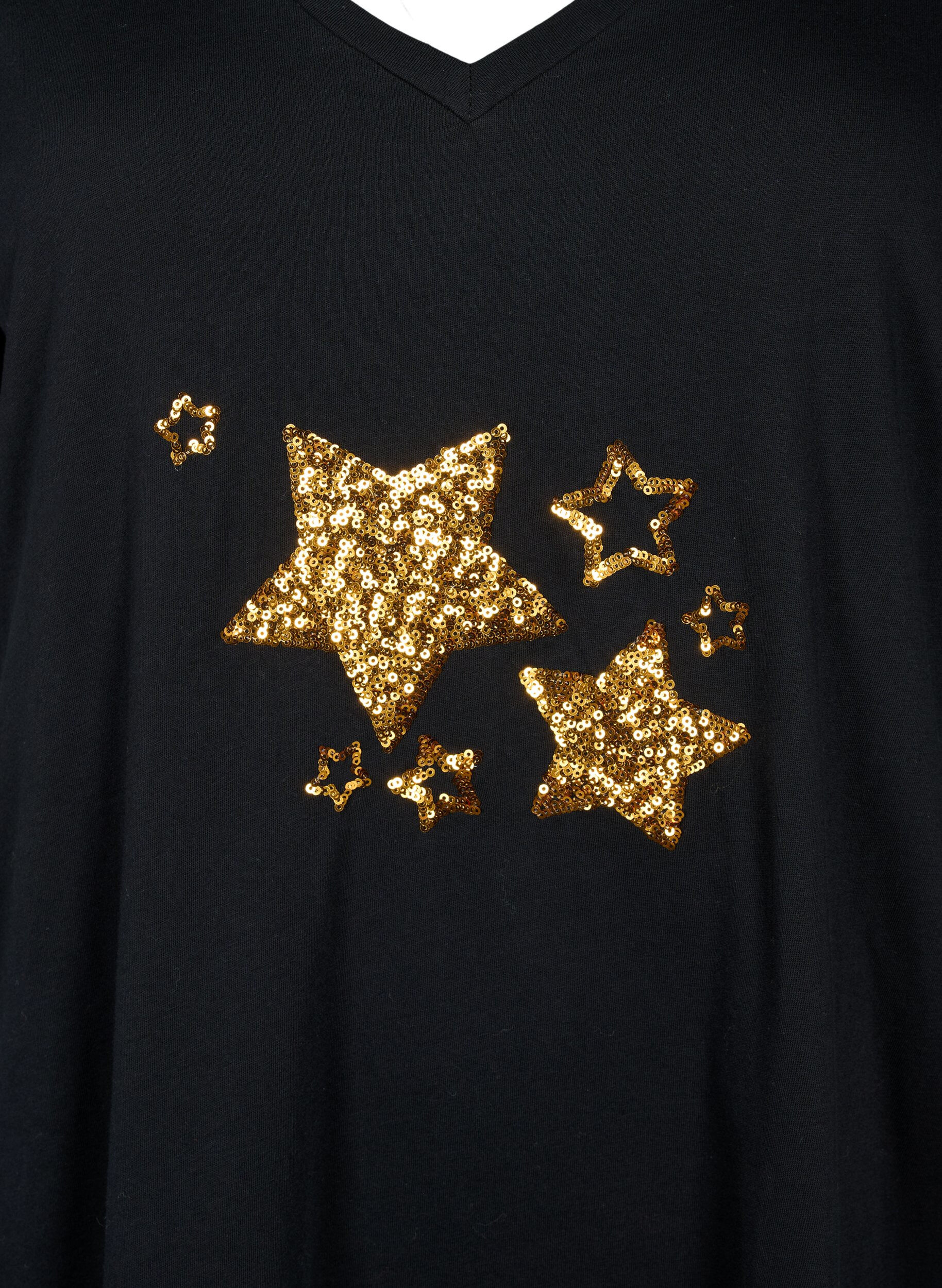 Zizzi Baumwoll-T-Shirt mit Pailletten, Black W. Star, Packshot image number 2
