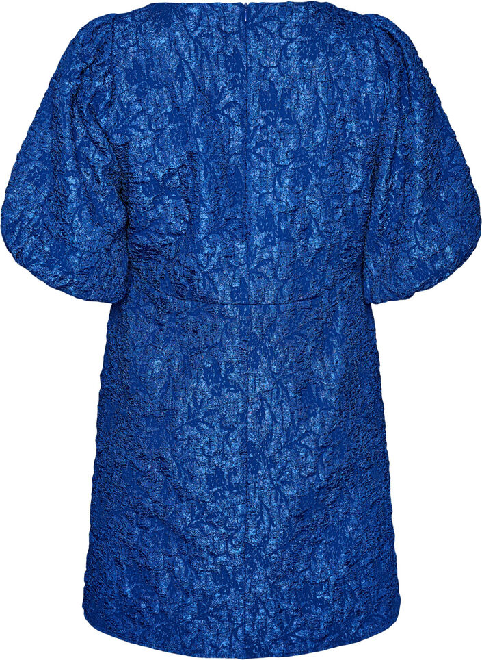 Kleid aus Jacquard mit Puff&auml;rmeln und A-Linie, Blau, Packshot image number 1