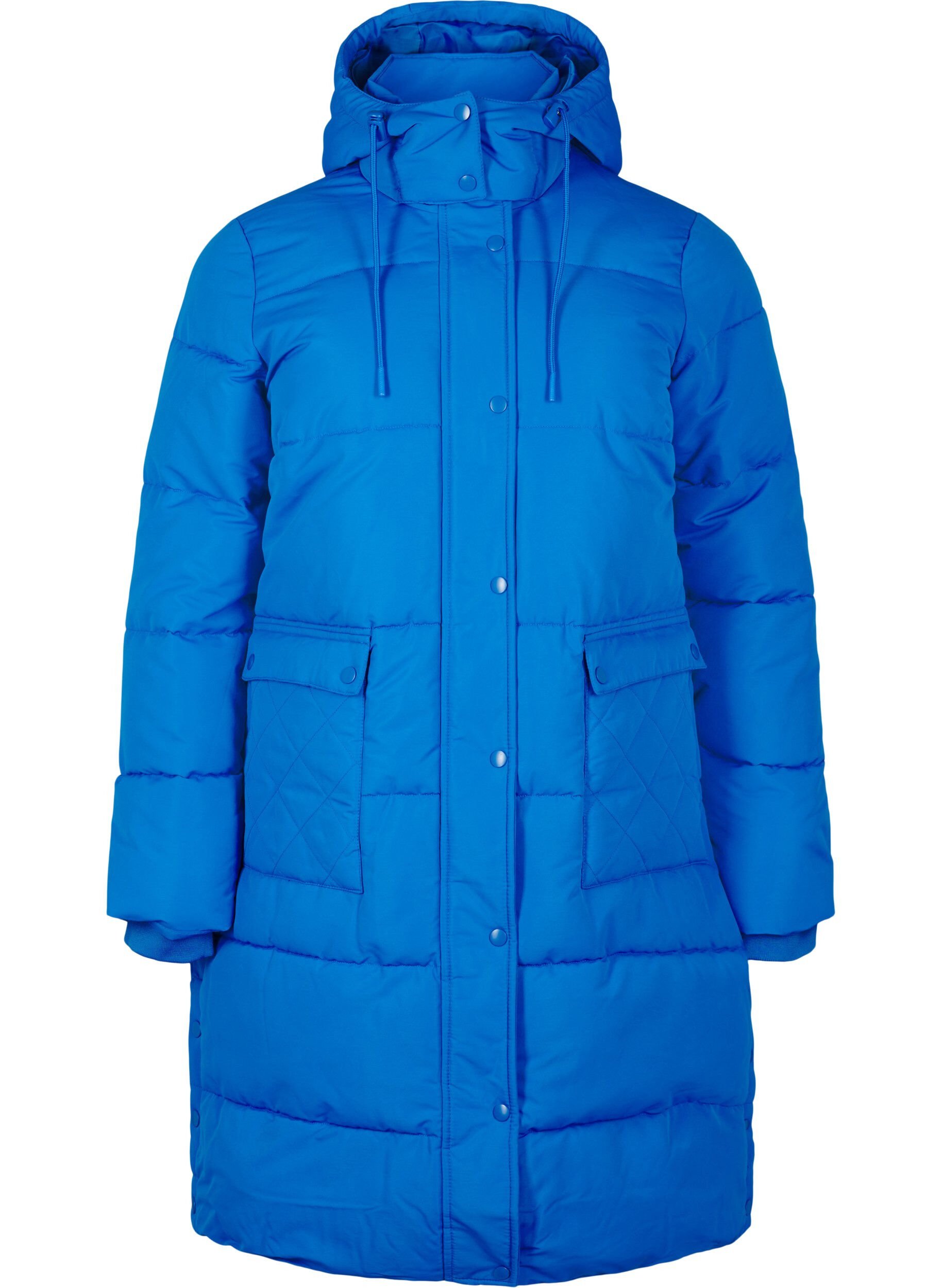 Zizzi Lange Pufferjacke mit Taschen und Kapuze, Blau, Packshot image number 0