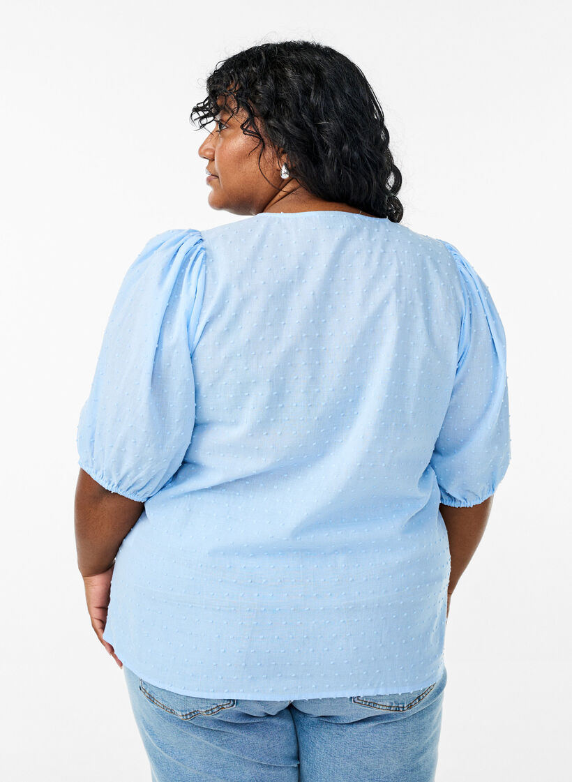 Bluse mit Bindeband und gepunkteter Textur, Blau, Model image number 2