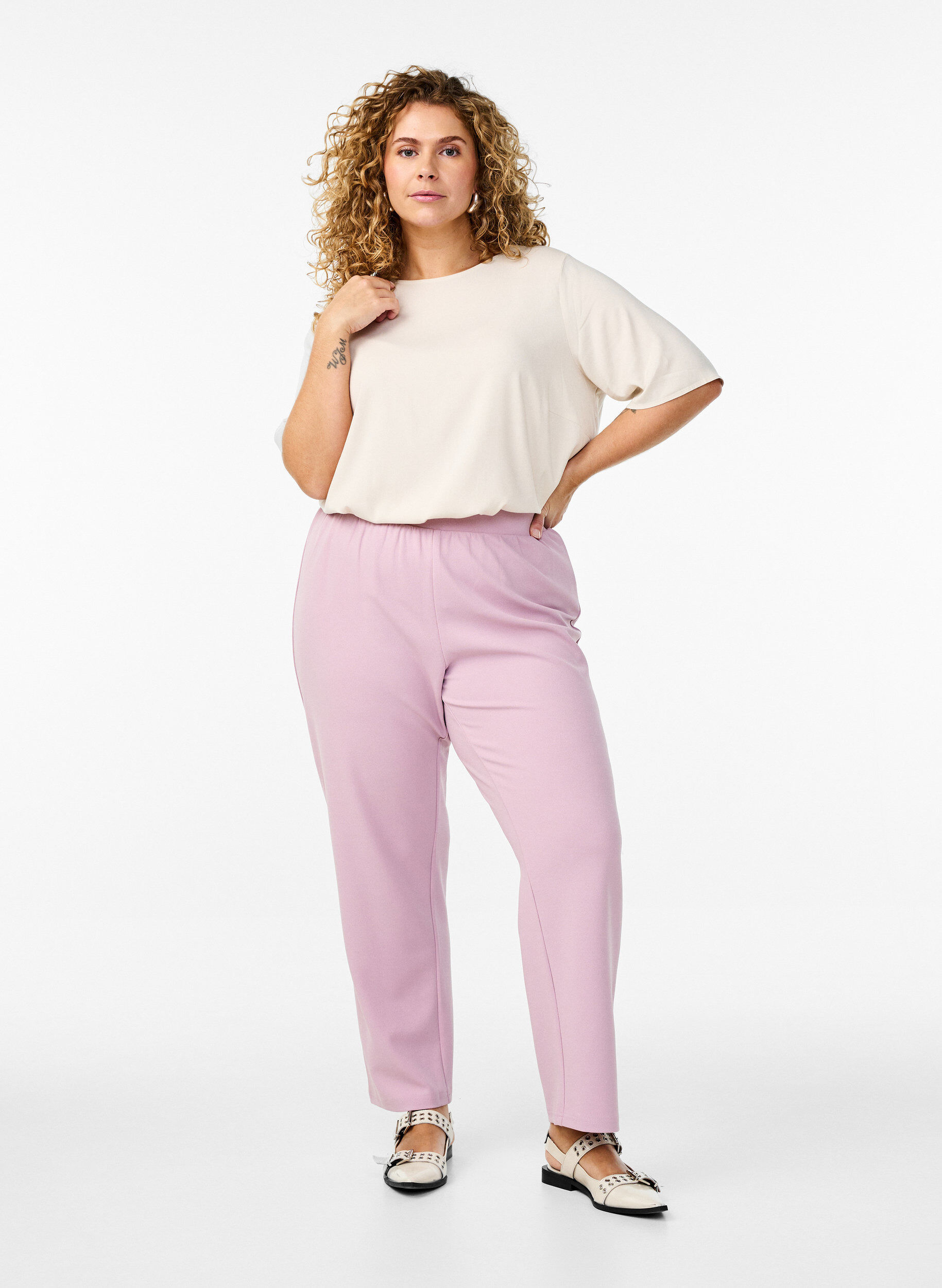 ZizziKurz&auml;rmelige, gewebte Bluse mit Rundhals, Beige, Model image number 1