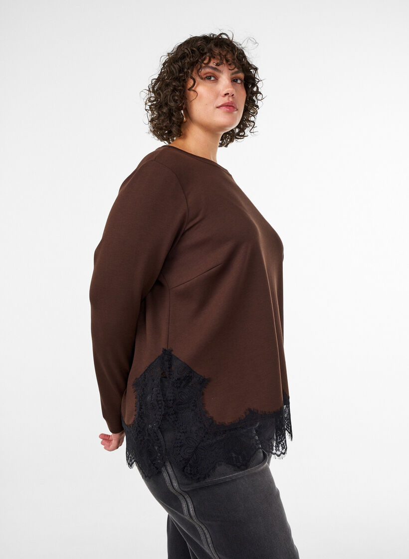 Bluse aus Jersey mit Spitzen, Braun, Model image number 3