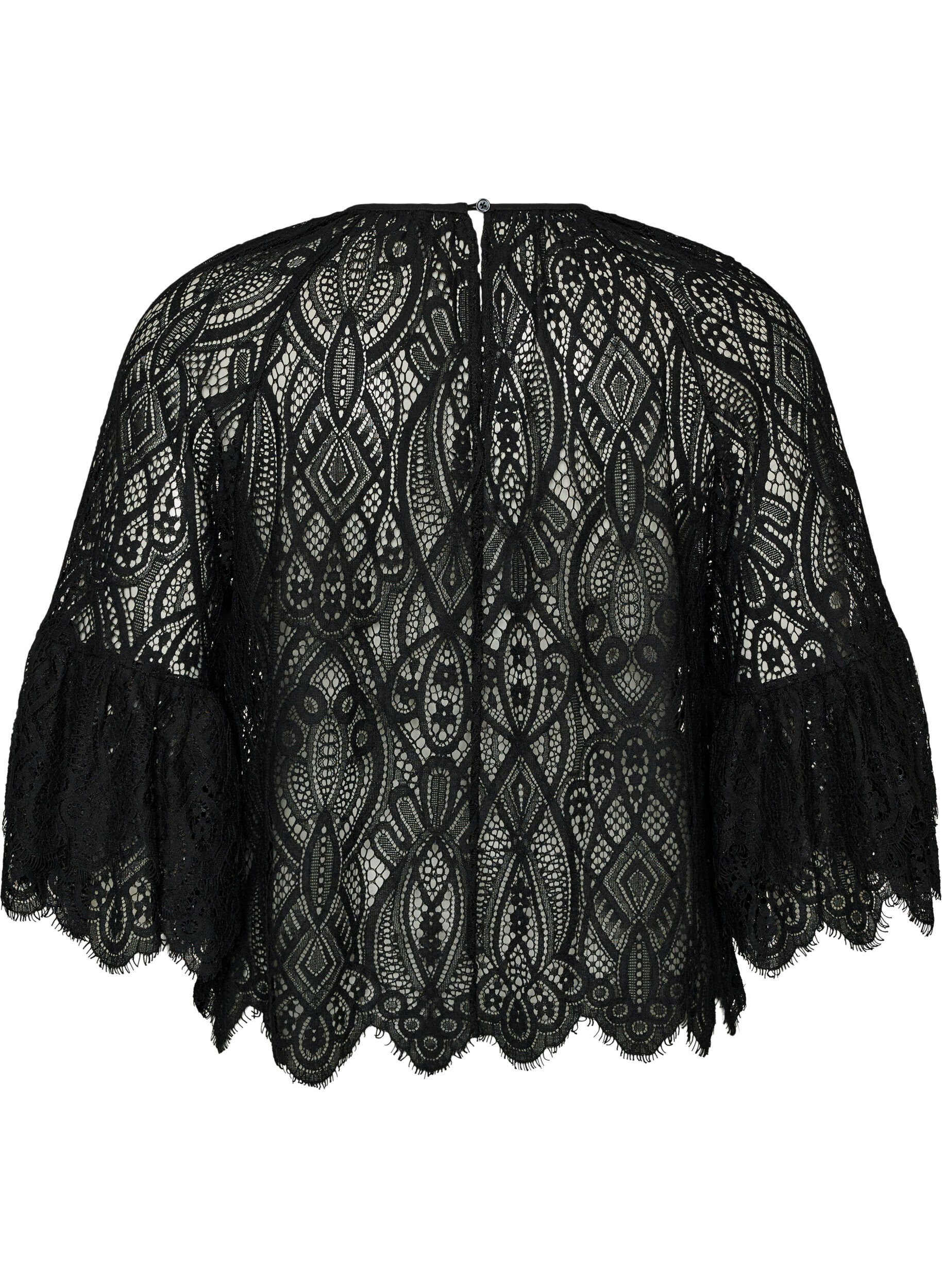 ZizziSpitzenbluse mit langen Trompeten&auml;rmeln und R&uuml;schen, Schwarz, Packshot image number 1