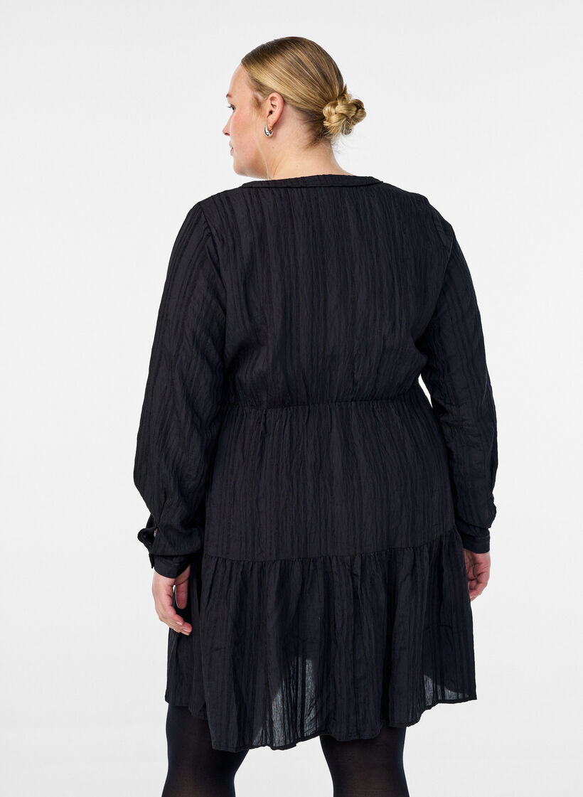 Kurzes Kleid mit gewebter Streifenstruktur und elastischer Taille, Schwarz, Model image number 2