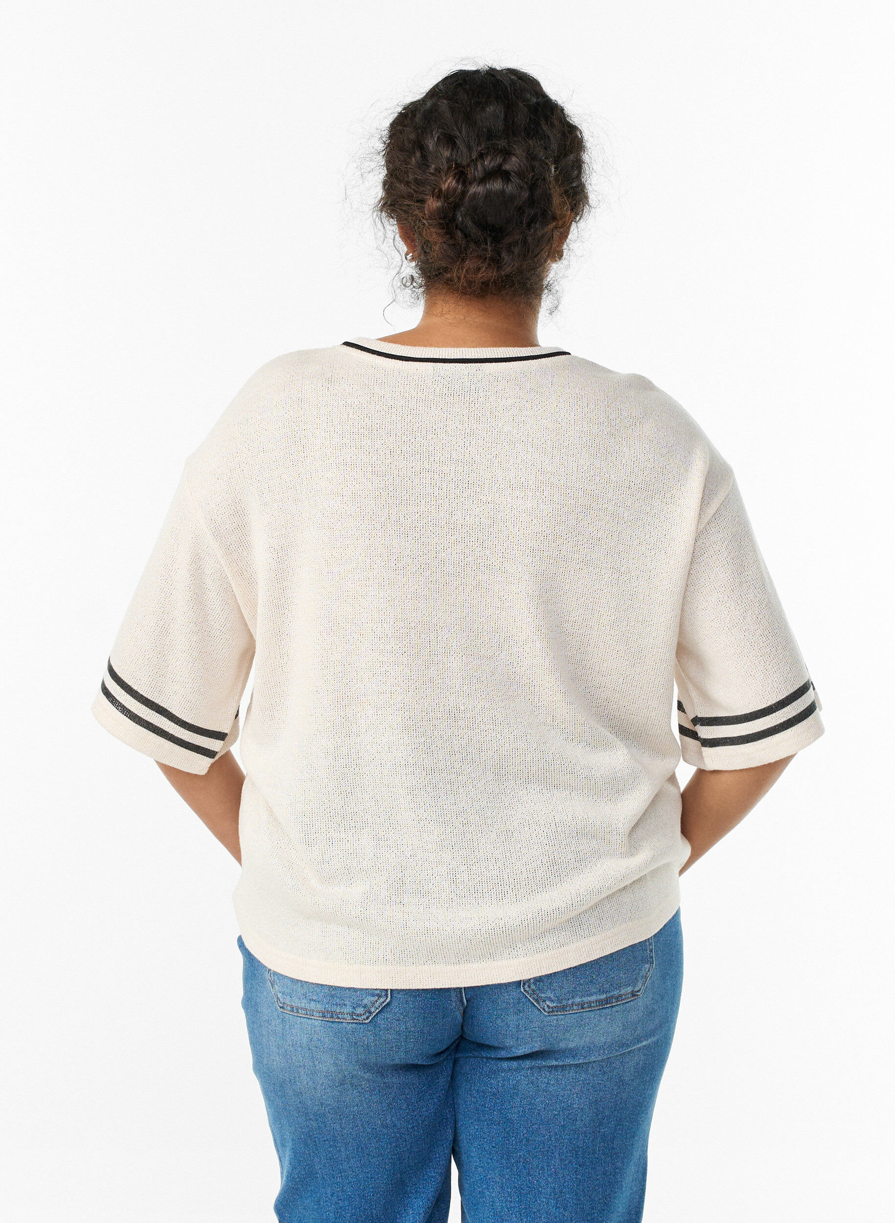 Zizzi Kurz&auml;rmelige Bluse mit Kontraststreifen, Beige, Model image number 2