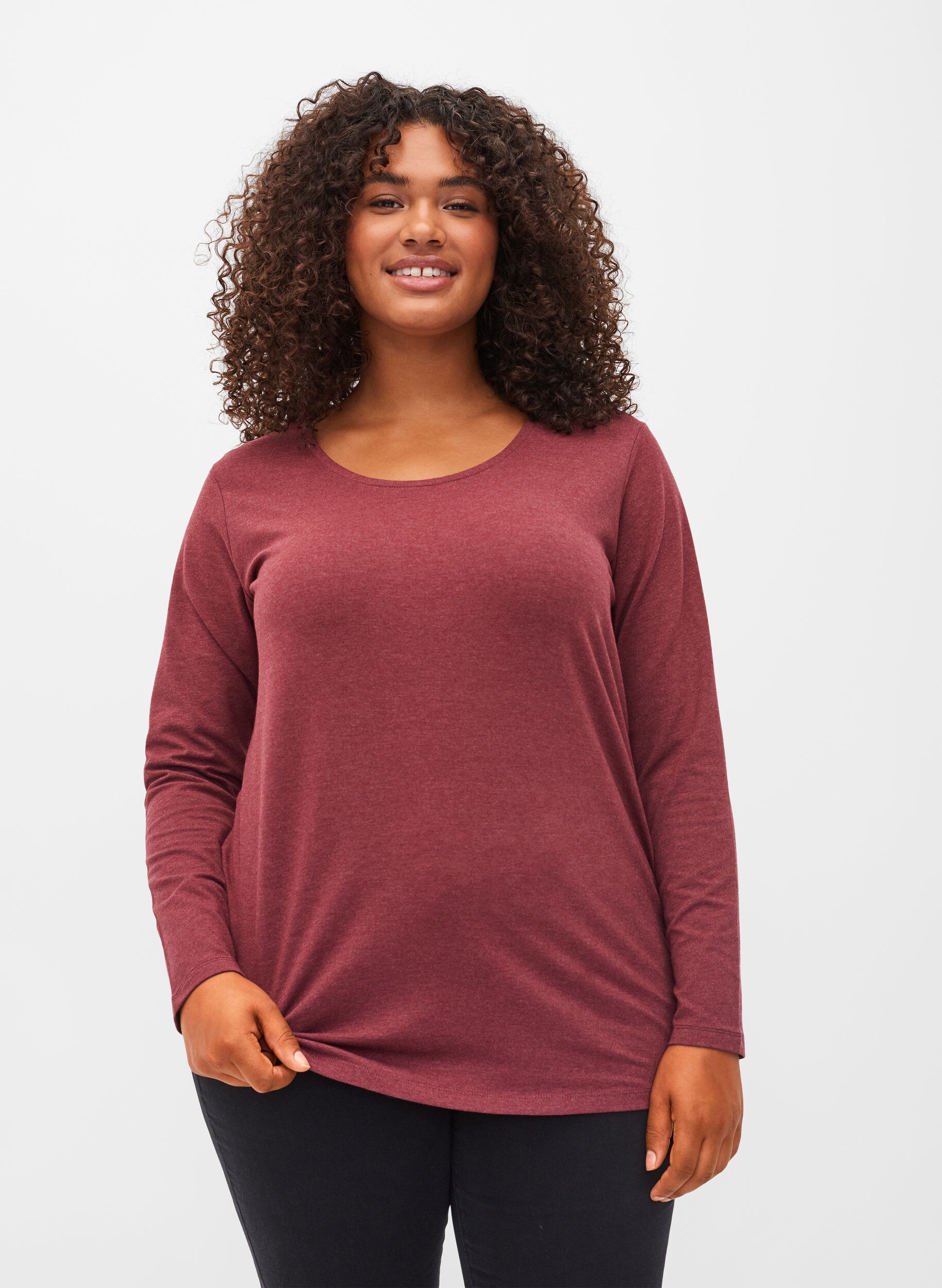 Zizzi Basic Bluse mit langen &Auml;rmeln, Cabernet Melange, Model image number 0