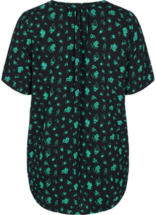 Bluse mit kurzen Ärmeln und V-Ausschnitt, Green Flower AOP, Packshot image number 1