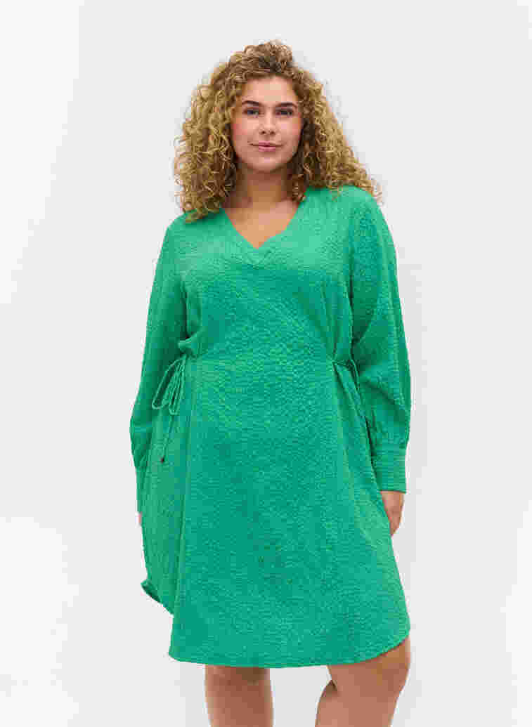 Langarm Kleid mit V-Ausschnitt und Bindeschnüre, Mint, Model