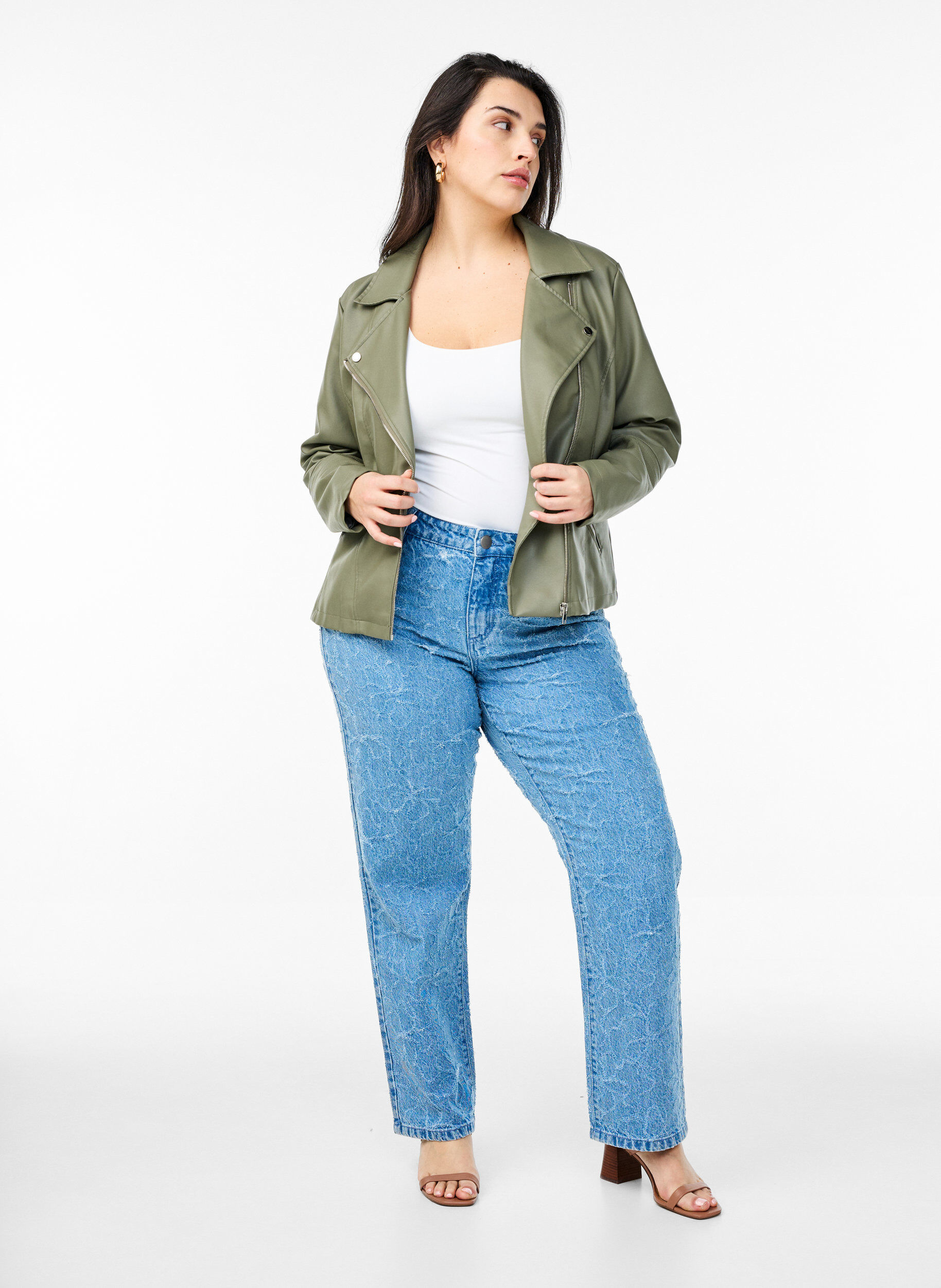 Zizzi Bikerjacke aus Kunstleder, Gr&uuml;n, Model image number 1