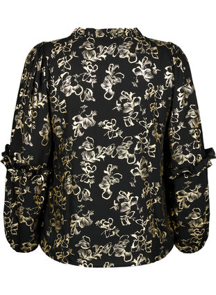 Langärmelige Bluse mit Rüschen und Foliendruck, Black Foil AOP, Packshot image number 1