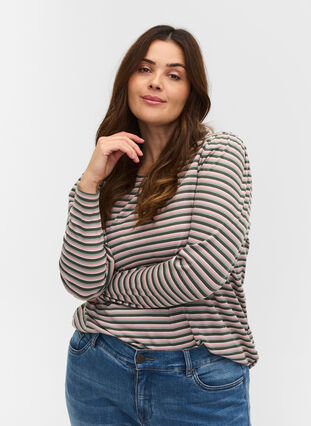 Langarm Bluse mit Streifen, Rosa/Green Stripe, Model image number 0