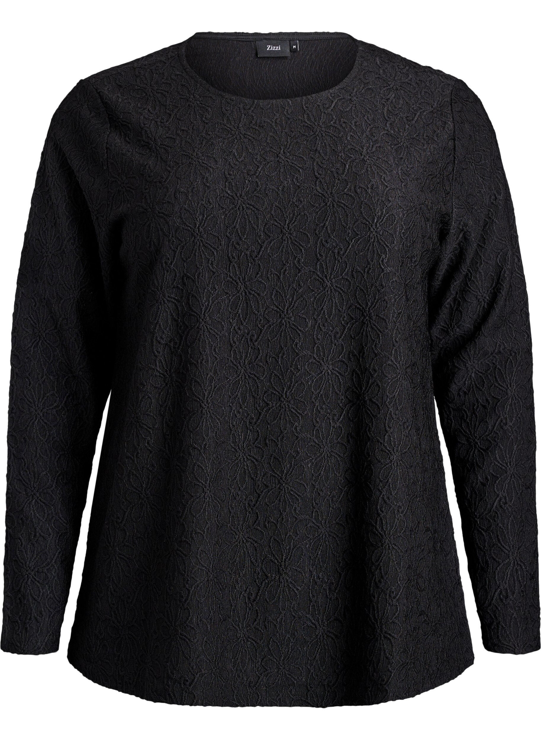 Zizzi Lang&auml;rmelige Bluse mit gebl&uuml;mter Struktur, Schwarz, Packshot image number 0