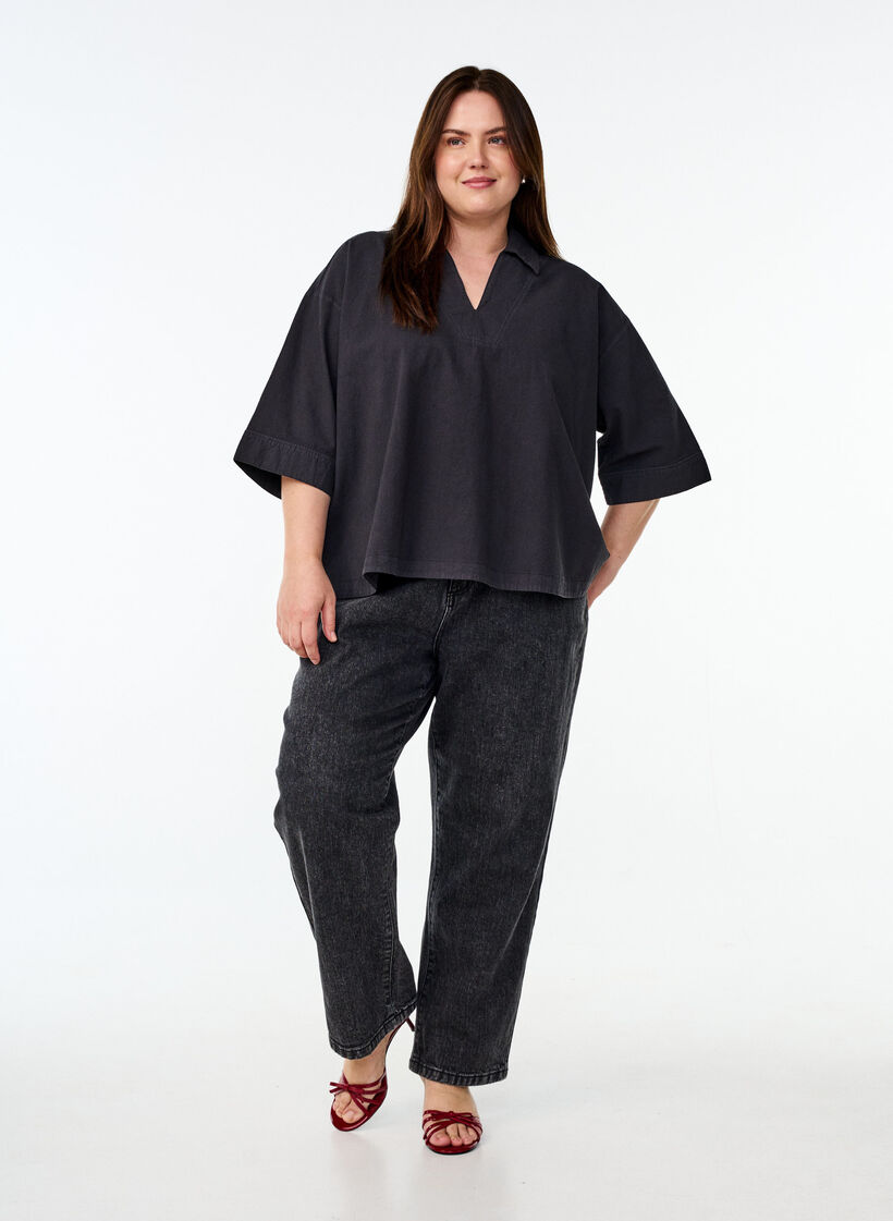 Lockere Bluse mit Kragen und 1/2 Ärmeln, Schwarz, Model image number 1