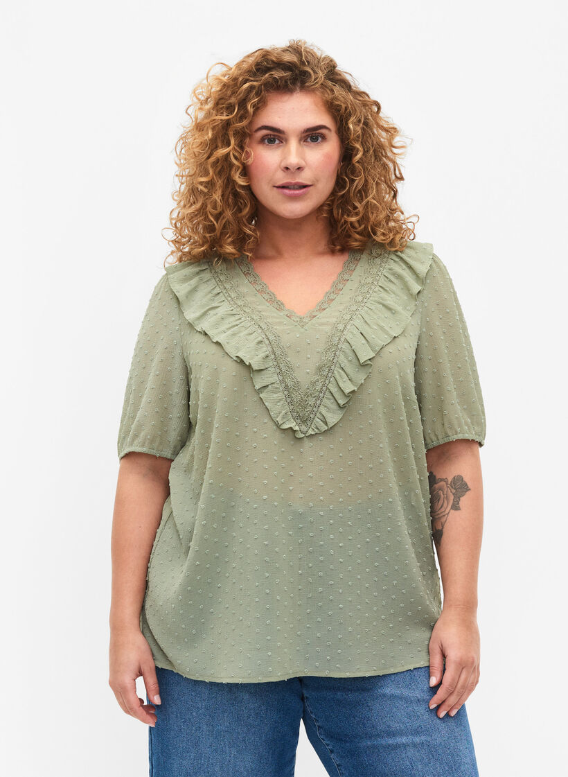 Bluse mit kurzen Ärmeln und gepunkteter Struktur, Seagrass , Model image number 0