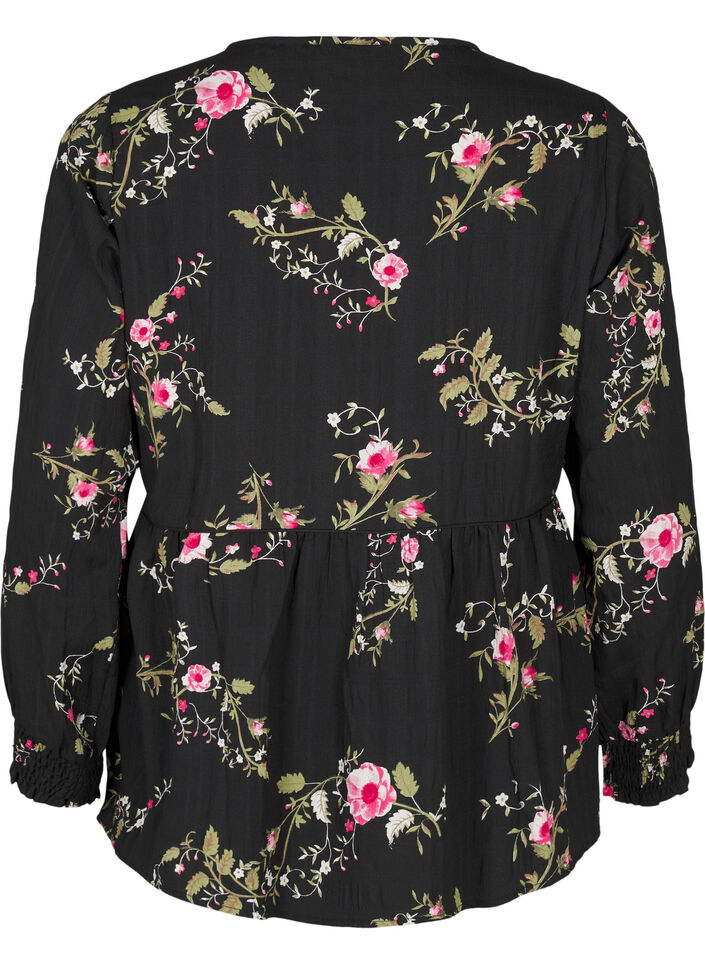 Lang&auml;rmelige Bluse mit gebl&uuml;mtem Muster, Schwarz, Packshot image number 1