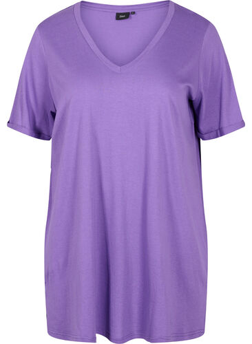 Einfarbiges Oversize T-Shirt mit V-Ausschnitt, Deep Lavender, Packshot image number 0