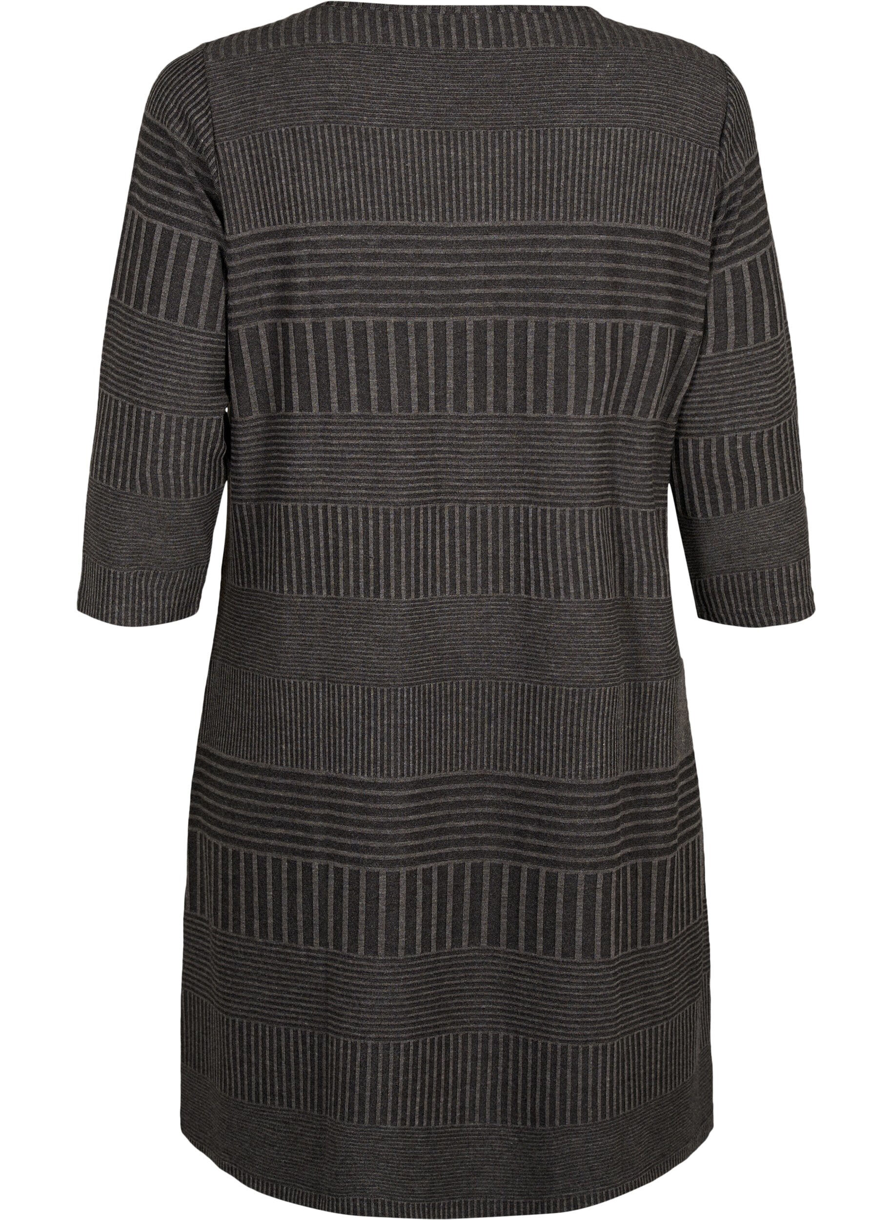 Zizzi Kleid mit 3/4-&Auml;rmeln und Streifenmuster, Dark Grey M&eacute;lange, Packshot image number 1