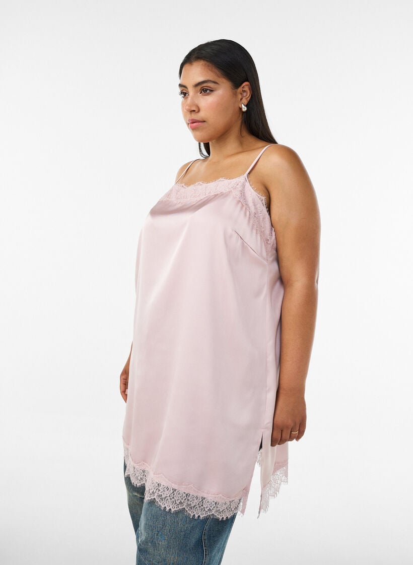 Langes Top aus Satin mit Spitzen, Rot, Model image number 0