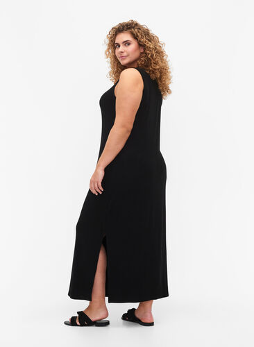 Ärmelloses geripptes Kleid aus Viskose, Black, Model image number 1