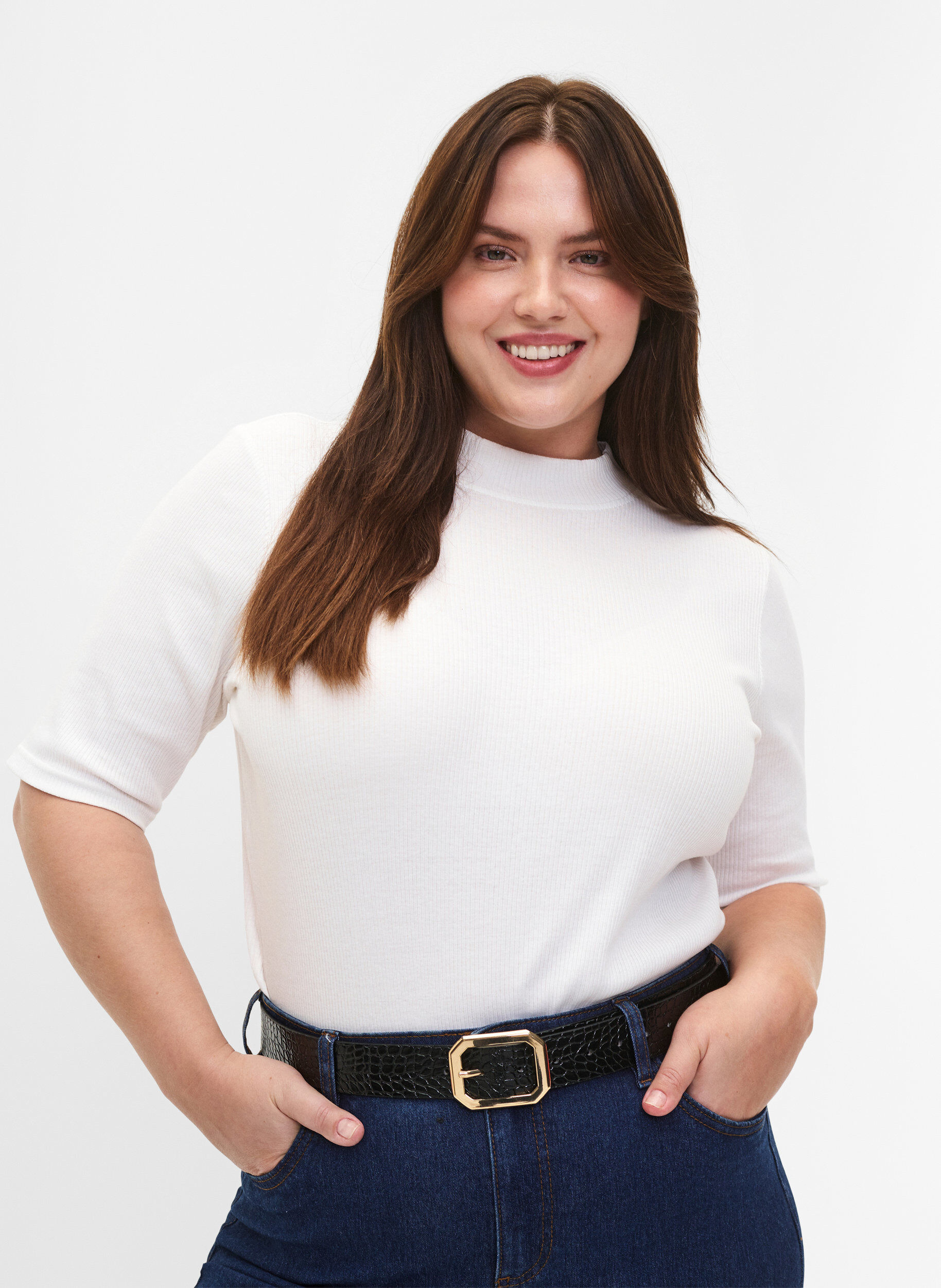 Zizzi Kunstlederg&uuml;rtel mit Krokomuster, Black w. Gold Buckle, Model image number 0