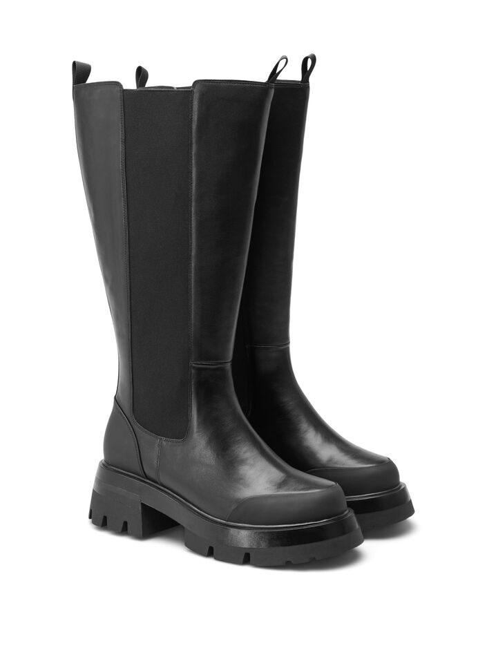 Weite Passform Lederstiefel mit langem Schaft und Elastizit&auml;t, Black, Packshot image number 1