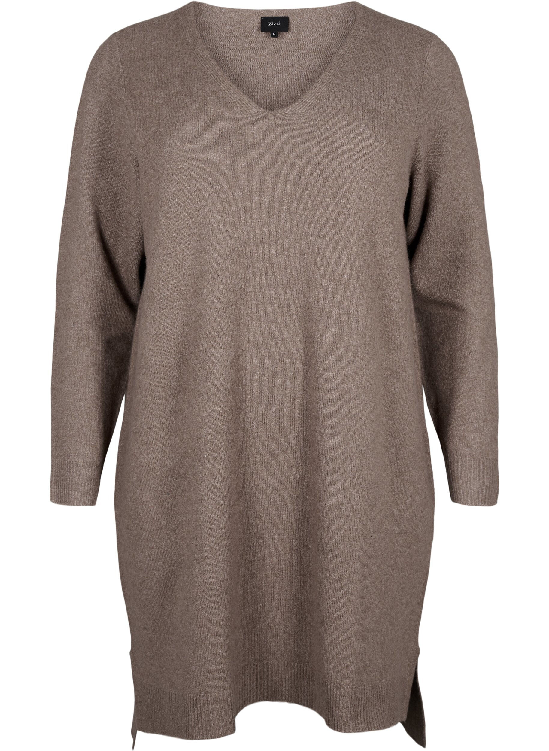 Zizzi Strickkleid mit Schlitz, Walnut/White, Packshot image number 0