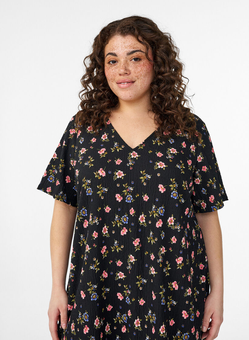 Kleid mit kurzen &Auml;rmeln und V-Ausschnitt, Schwarz, Model image number 2