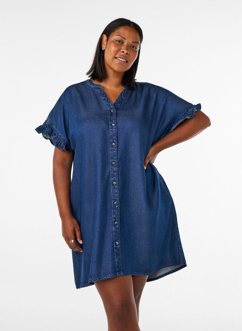 Kleid in Denim-Optik mit Knopfleiste und R&uuml;schen&auml;rmeln, Blau, Model image number 0