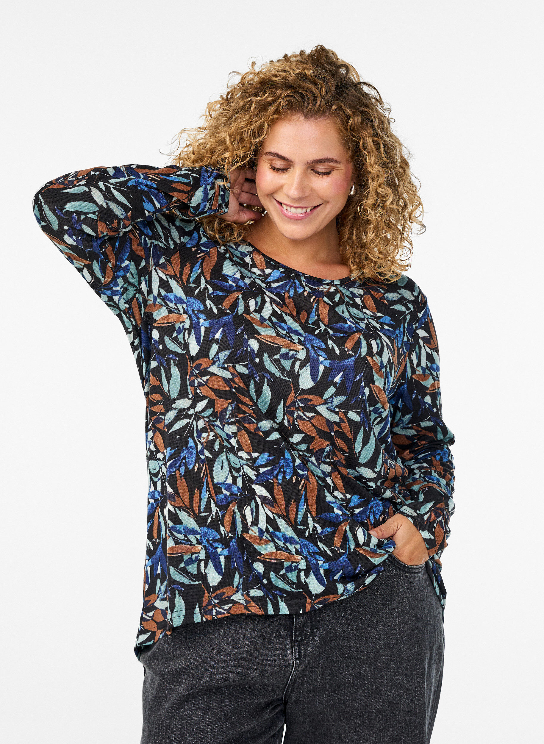 ZizziGemusterte Bluse mit langen &Auml;rmeln, Blau, Model image number 0