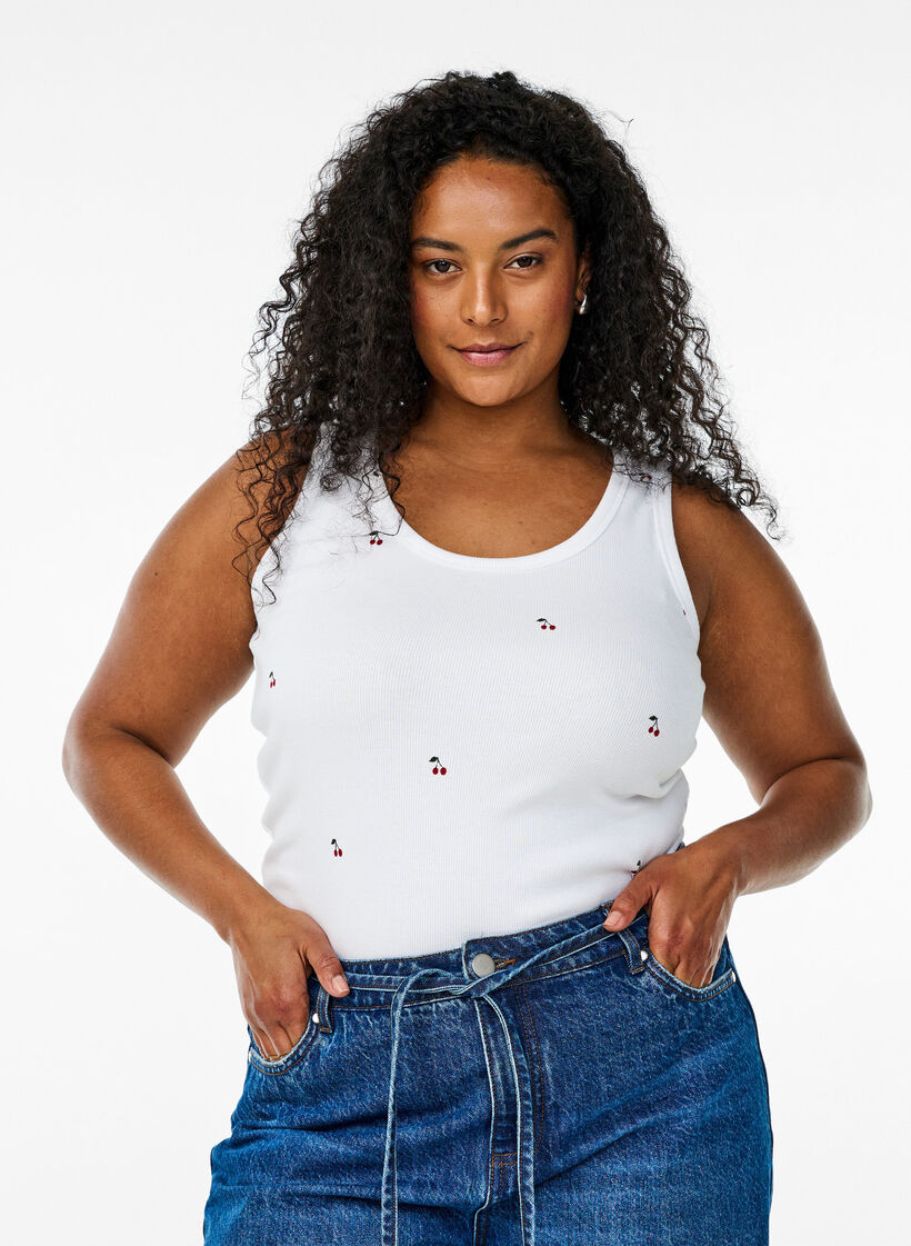 Tailleiertes Top mit Motiv, Weiß, Model image number 0