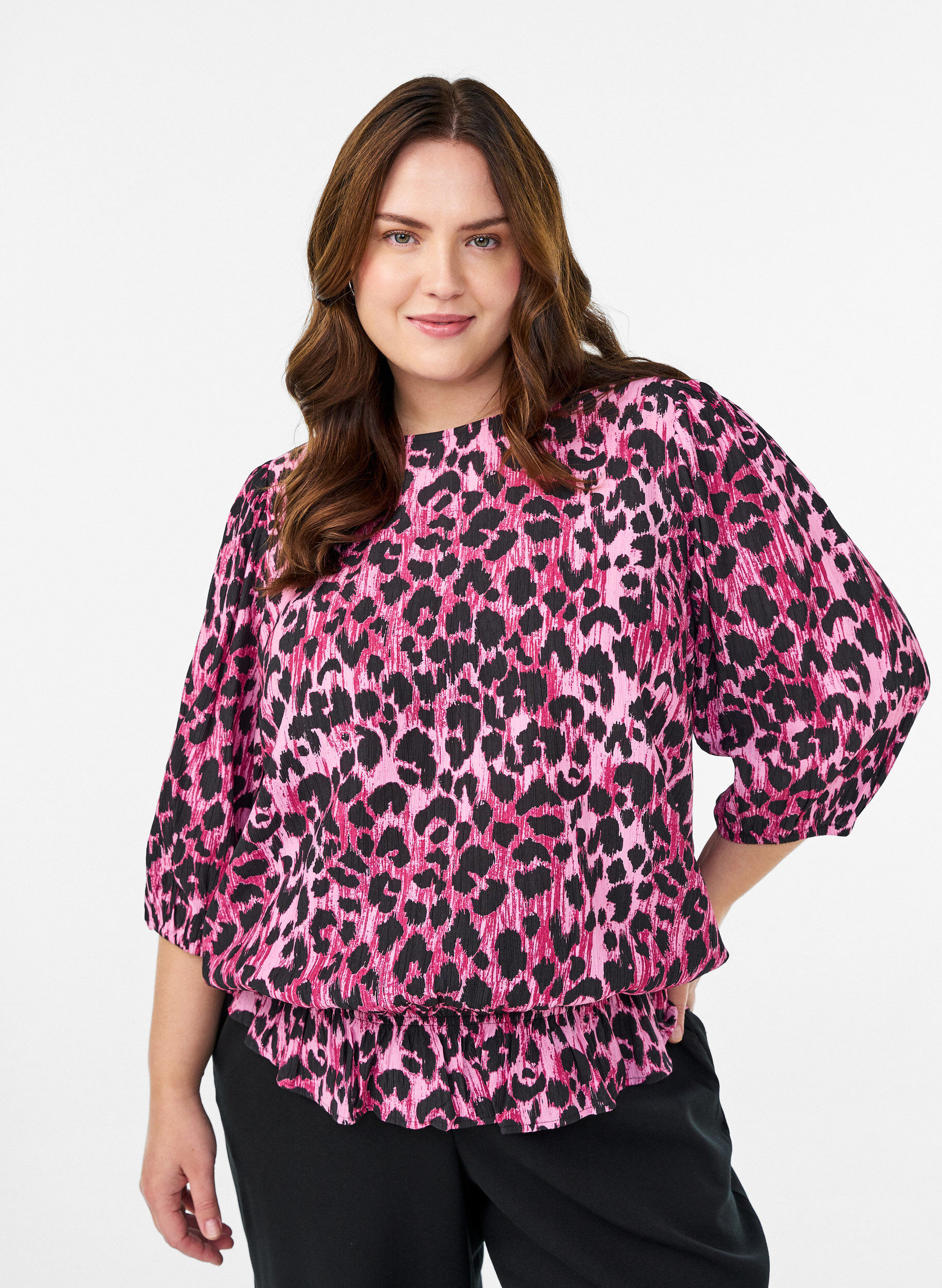 Viskosebluse mit 3/4-&Auml;rmeln und Balloneffekt, Pink, Model