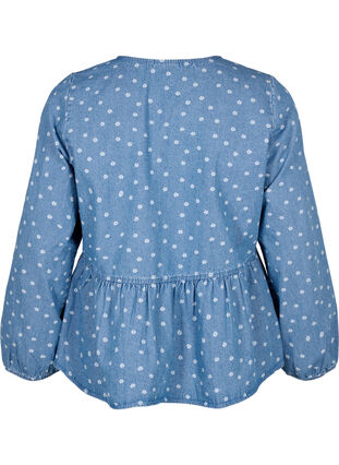 Bluse aus Denim mit Schößchen und Bindeverschluss, Light Blue w.Flowers, Packshot image number 1