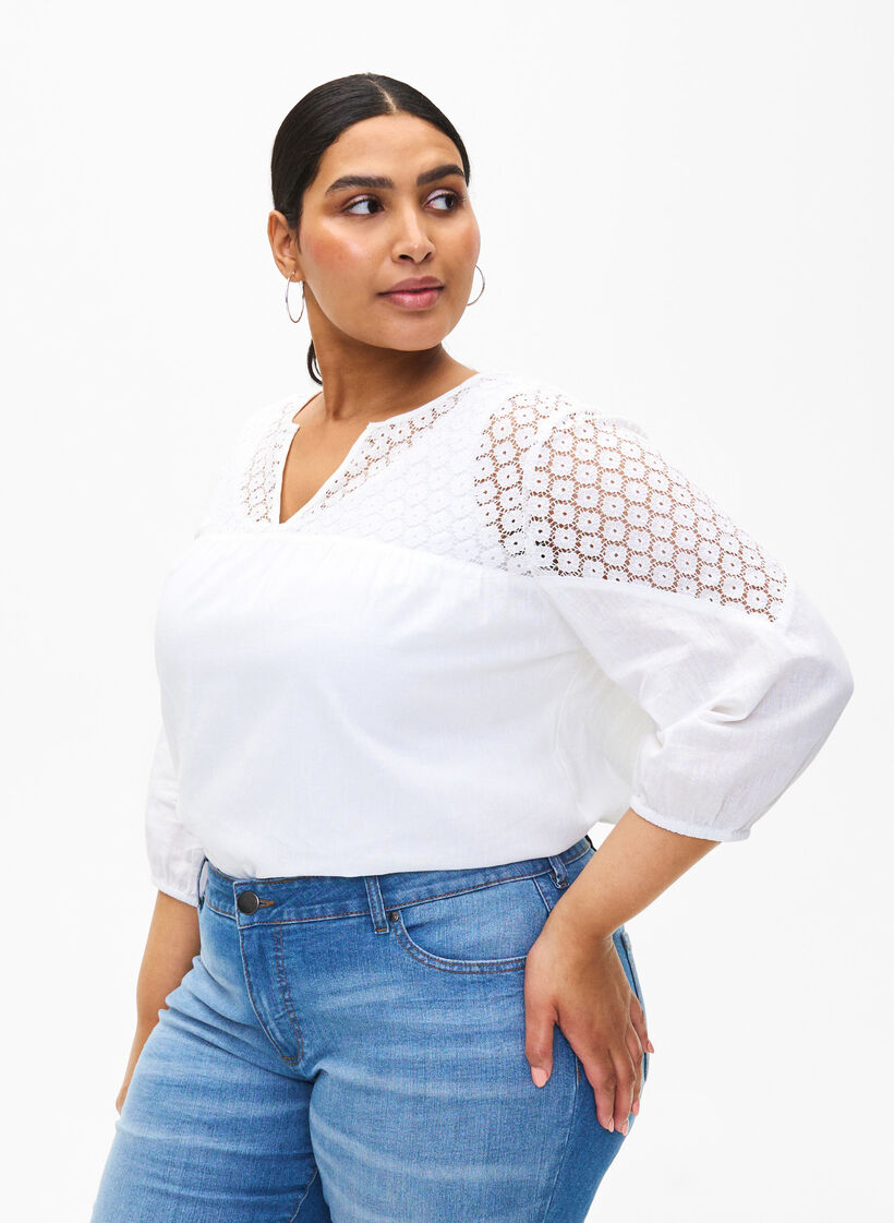 Bluse aus Baumwollmischung mit Leinen und H&auml;keldetails, Bright White, Model image number 0