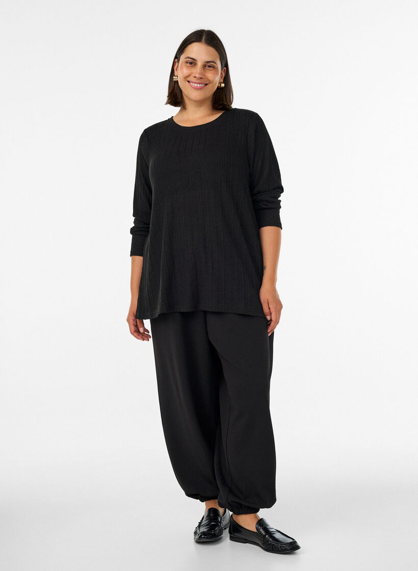 Bluse aus Jersey mit Rippstruktur und langen &Auml;rmeln, Schwarz, Model image number 1