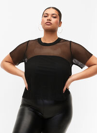 Mesh-Bluse mit kurzen Ärmeln, Black, Model