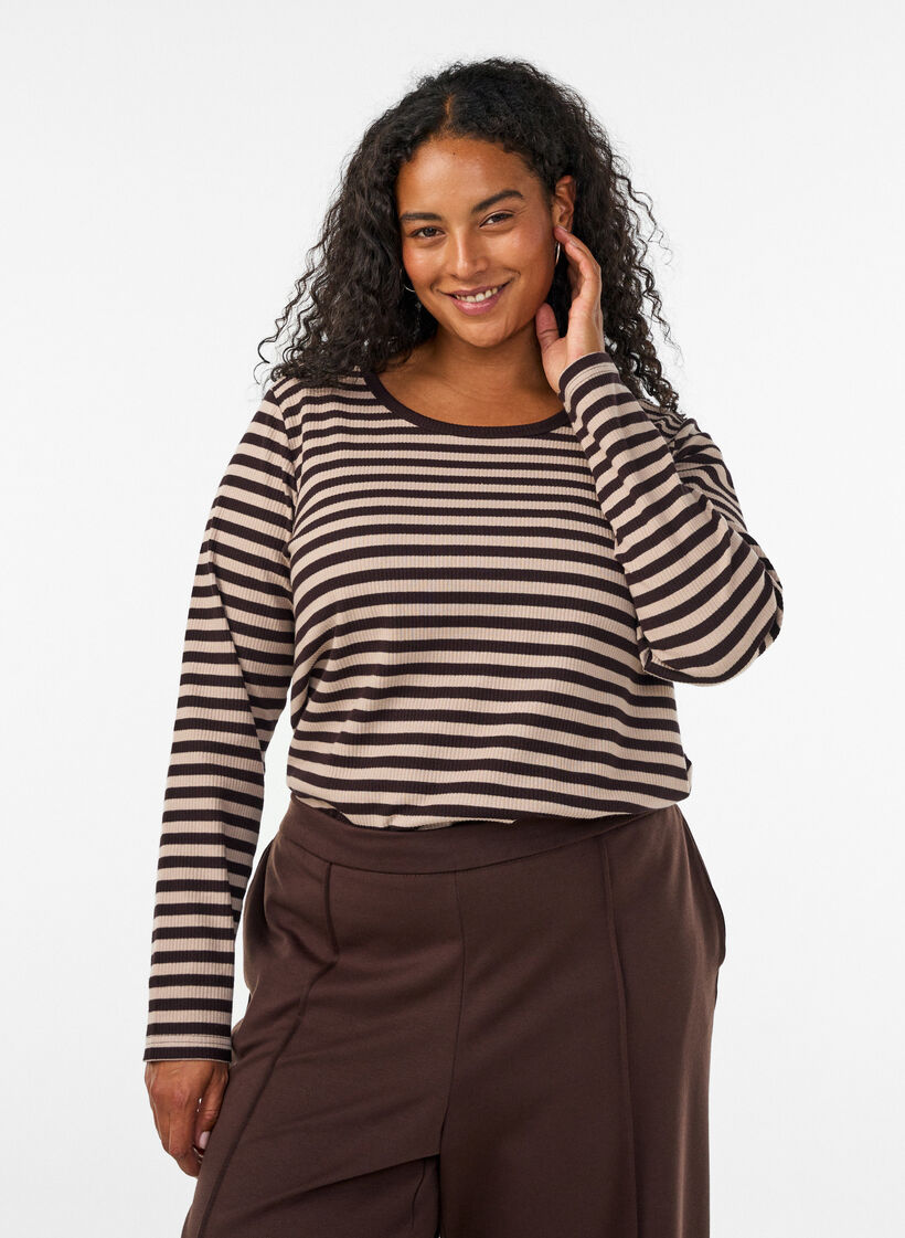 Gestreifte Bluse mit langen &Auml;rmeln, Braun, Model image number 0