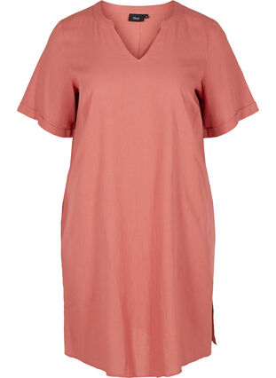 Kurzarm Kleid aus Baumwollmischung mit Leinen, Canyon Rose, Packshot image number 0