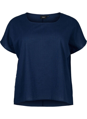 Kurzärmelige Bluse aus Baumwollmischung mit Leinen, Navy Blazer, Packshot image number 0