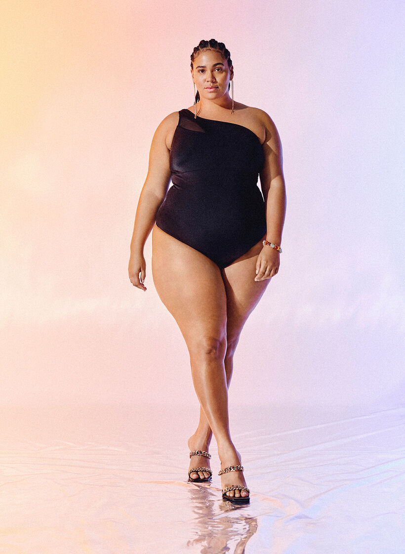 One-Shoulder-Badeanzug mit Mesh-Details, Black, Image image number 0